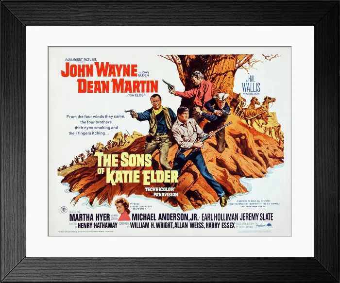 Framed Print : THE SONS OF KATIE ELDER, US poster art, from bottom: Martha Hyer, Michael Anderson Jr. John Wayne, Earl Holliman, Dean Martin, 1965 Framed Print : THE SONS OF KATIE ELDER, US poster art, from bottom: Martha Hyer, Michael Anderson Jr. John Wayne, Earl Holliman, Dean Martin, 1965