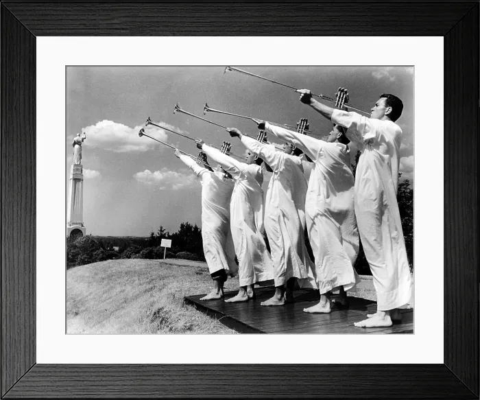 Framed Print : A fanfare of trumpets opens Hill Cumorah Pageant near Palmyra, New York. The religious pageant, dramatizes scenes from the Bible and the Book of Mormon. July 1969 Framed Print : A fanfare of trumpets opens Hill Cumorah Pageant near Palmyra, New York. The religious pageant, dramatizes scenes from the Bible and the Book of Mormon. July 1969