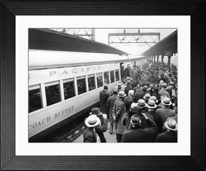 Framed Print : A crowd watches President Franklin Roosevelt, during his inspection of the new Union Pacific Streamliners