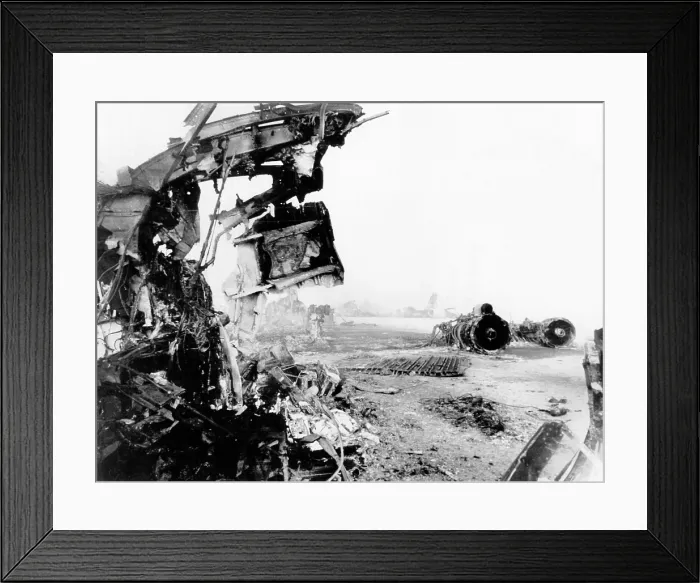 Framed Print : Remains of jet engines of the three planes, valued at $20 million, which Arab guerrillas blew apart at Zarka, Jordon. Airliners were Swissair DC-8; TWA Boeing 707; BOAC VC-10