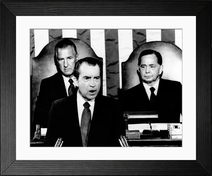 Framed Print : Addressing Congress, President Richard Nixon announces a 90-day wage-rent freeze to be started on August 15, 1971, would not be extended. Behind him are Vice Pres Framed Print : Addressing Congress, President Richard Nixon announces a 90-day wage-rent freeze to be started on August 15, 1971, would not be extended. Behind him are Vice Pres