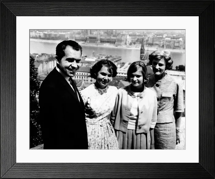 Framed Print : Richard Nixon and his family in Budapest, Hungary. L-R: Former Vice Pres. Nixon, Julie Nixon, Tricia Nixon, Pat Nixon. July 26, 1963 Framed Print : Richard Nixon and his family in Budapest, Hungary. L-R: Former Vice Pres. Nixon, Julie Nixon, Tricia Nixon, Pat Nixon. July 26, 1963