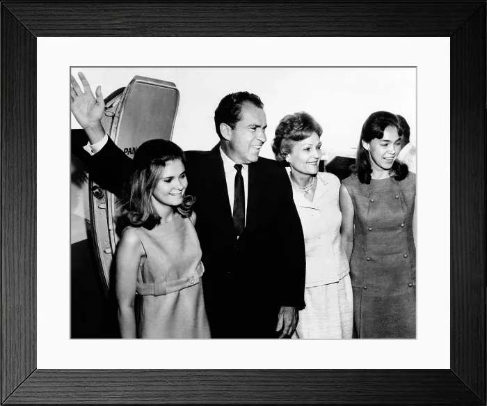 Framed Print : Former Vice Pres. Richard Nixon leaving New York for fact finding trip to the Near East and Africa. L-R: Tricia Nixon, Former Vice Pres. Nixon, Pat Nixon, Julie Nixon