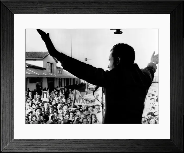 Framed Print : Richard Nixon campaigning for Governor of California. He speaks to a Salinas, Calif Framed Print : Richard Nixon campaigning for Governor of California. He speaks to a Salinas, Calif