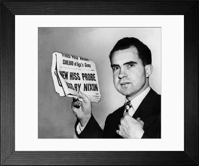 Framed Print : Senator Richard Nixon calls for continuing HUAC's Alger Hiss investigation. Jan 27, 1950 headline reads: New Hiss Probe Asked by Nixon