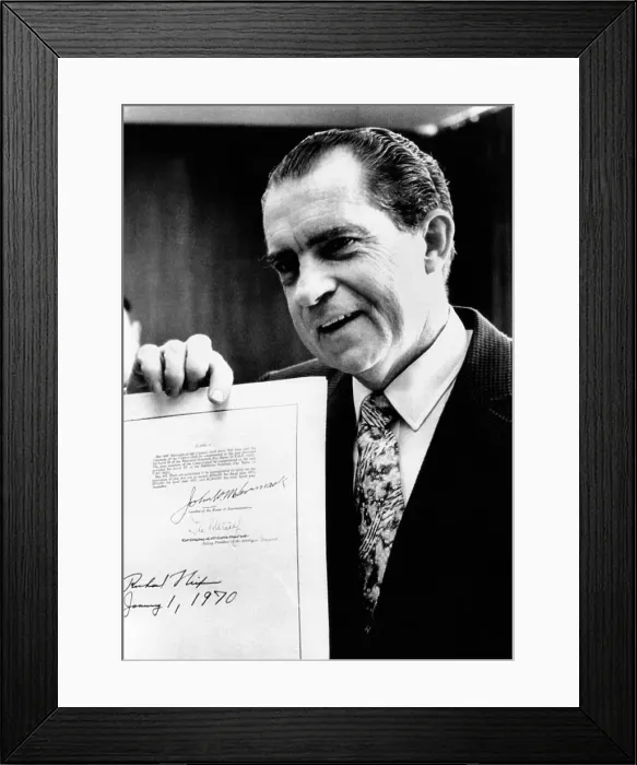 Framed Print : President Richard Nixon after signing Senate Bill 1075, creating the Council of Environmental Quality on Jan. 1, 1970