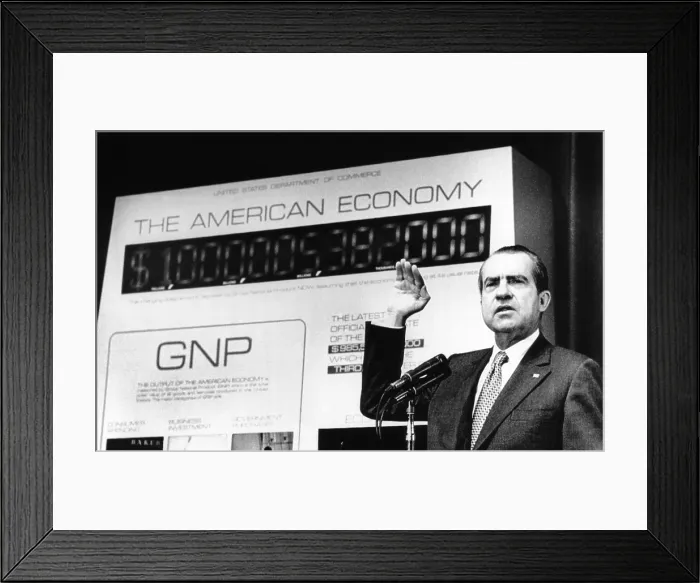 Framed Print : President Richard Nixon unveiled a new Gross national product (GNP) Clock at the Commerce Dept