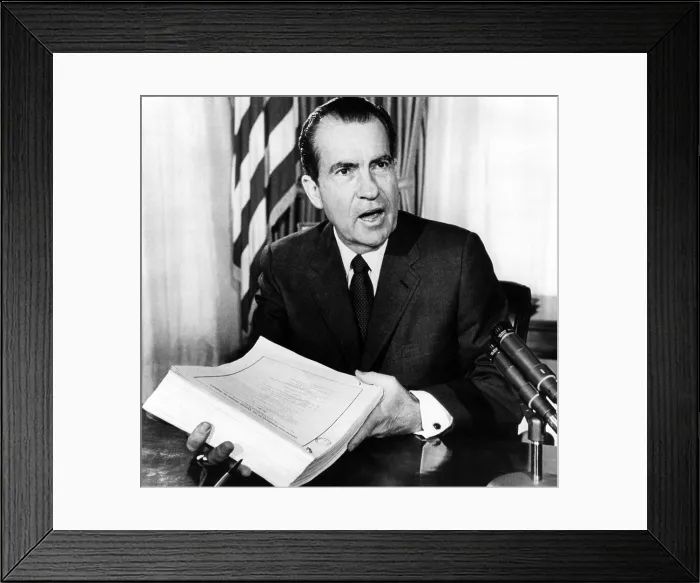 Framed Print : President Nixon after signing the 1969 tax reform bill. He was critical of Congress failure to balance tax cuts with spending reduction. Dec. 30, 1969 Framed Print : President Nixon after signing the 1969 tax reform bill. He was critical of Congress failure to balance tax cuts with spending reduction. Dec. 30, 1969