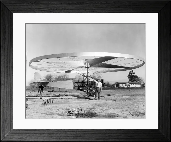Framed Print : Helio-Gyro-Copter invented by Jesse D. Langdon. The propeller and its wide circular rim act both as a gyroscope and a rotor. It weighed 1659 pounds and had a 625-horsepower motor