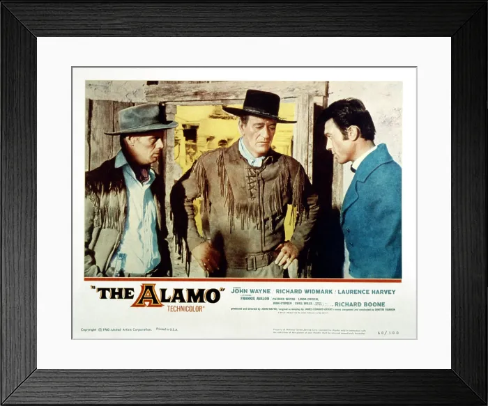 Framed Print : THE ALAMO, US lobbycard from left: Richard Widmark, John Wayne, Laurence Harvey, 1960