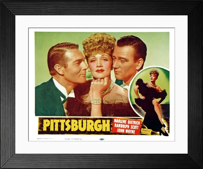 Framed Print : PITTSBURGH, US lobbycard, from left: Randolph Scott, Marlene Dietrich, John Wayne, 1942