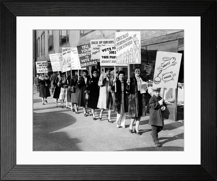 Framed Print : Housewife members of the Chicago Federation of Consumers demonstrate against wartime inflation. They appealed for the maintenance of subsidies to keep prices down. Nov. 26, 1943