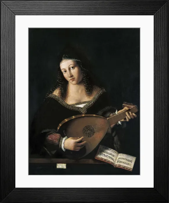 Framed Print : BARTOLOMEO VENETO (second half 15th-first half 16th). Lady Playing Lute. 1520. Renaissance art. Cinquecento. Venetian school. Oil on wood. ITALY. Milan. Pinacotheca of Brera