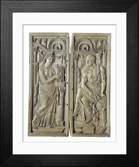 Framed Print : Dyptich of the Poet and the Muse. 6th c. Lombardian art. Ostrogothic or Lombardian art. Sculpture on ivory. ITALY. Monza. Cathedral Treasure