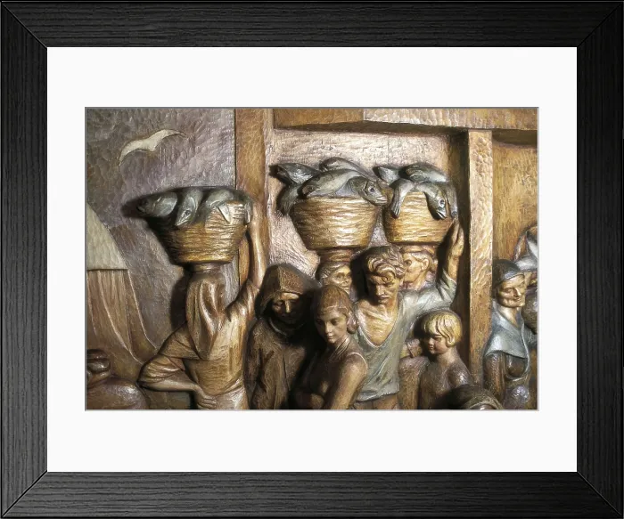 Framed Print : MIRANDA, Sebastin (1895-1975). Sea Altarpiece. High-relief in polychromatic wood depicting a fish auction. Detail. Relief. SPAIN. Gijn. Birth house of Jovellanos Museum