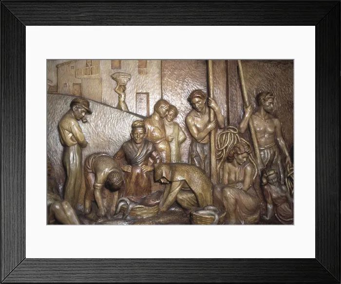 Framed Print : MIRANDA, Sebastin (1895-1975). Sea Altarpiece. High-relief in polychromatic wood depicting a fish auction. Detail. Relief. SPAIN. Gijn. Birth house of Jovellanos Museum