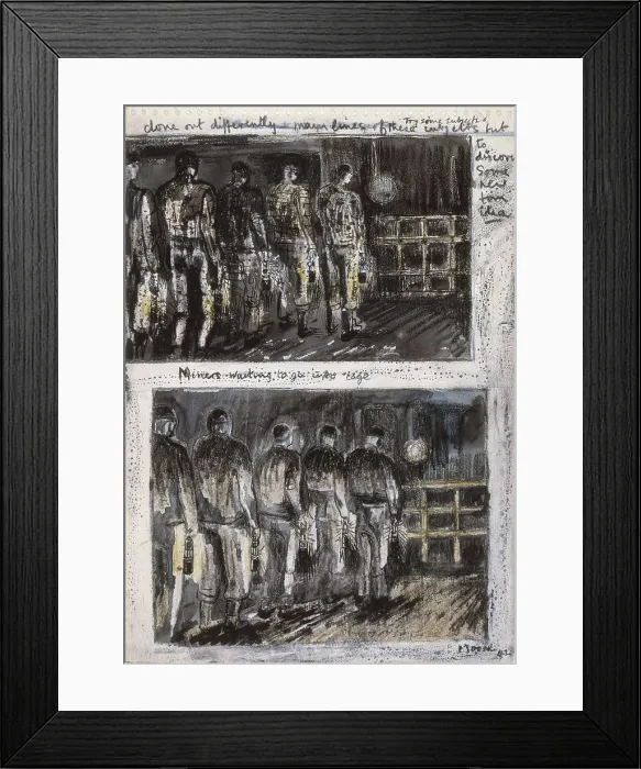Framed Print : MOORE, Henry (1898-1986). Miners waiting to go into cage. 1942. Belonging to the coal-mining series. Drawing. Private Collection