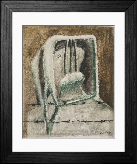 Framed Print : MOORE, Henry (1898-1986). Spanish Prisoner. 1939. Work referred to the Spanish Civil War. Coal and plaster cast drawing. Drawing. Private Collection