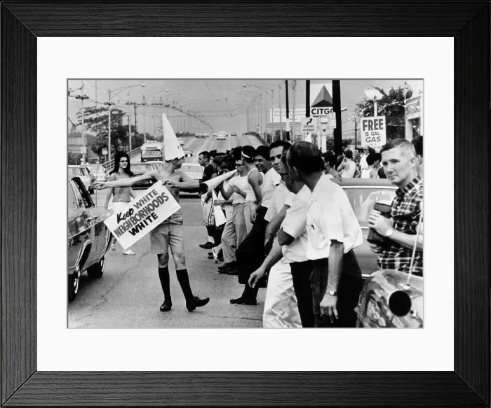 Framed Print : Counter demonstrators against open housing in Chicago. Jeers, cat-calls, and clowning groups greeted the cars bringing civil rights marchers to an all-white neighborhood Framed Print : Counter demonstrators against open housing in Chicago. Jeers, cat-calls, and clowning groups greeted the cars bringing civil rights marchers to an all-white neighborhood