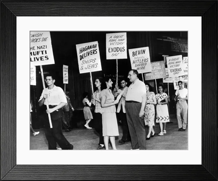 Framed Print : Pickets at the British Consulate in Chicago. They are protesting treatment of Jews taken off unsuccessful Palestine blockade runner Exodus 1947 and returned to Germany Framed Print : Pickets at the British Consulate in Chicago. They are protesting treatment of Jews taken off unsuccessful Palestine blockade runner Exodus 1947 and returned to Germany