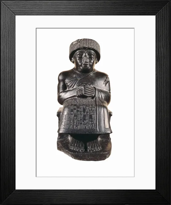 Framed Print : Gudea, Prince of Lagash. 2130 BC. Dedicated to Ningizzada, from ancient Girsu. Neo-Sumerian art. Sculpture on rock. FRANCE. Paris. Louvre Museum. Proc: IRAQ. Tello. Girsu