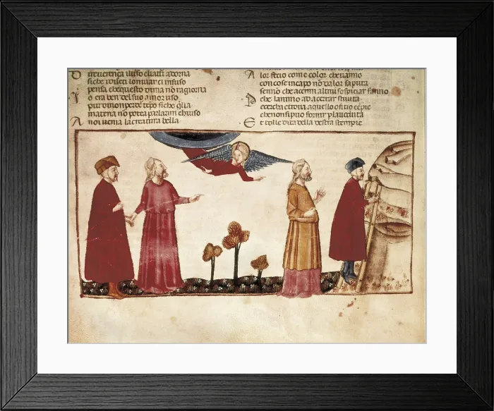 Framed Print : The Divine Comedy. s.XV. The Purgatory. Dante and Virgil in the stairs that lead to the Gate of Hell. Miniature Painting. ITALY. Venice. Biblioteca nazionale marciana (St)