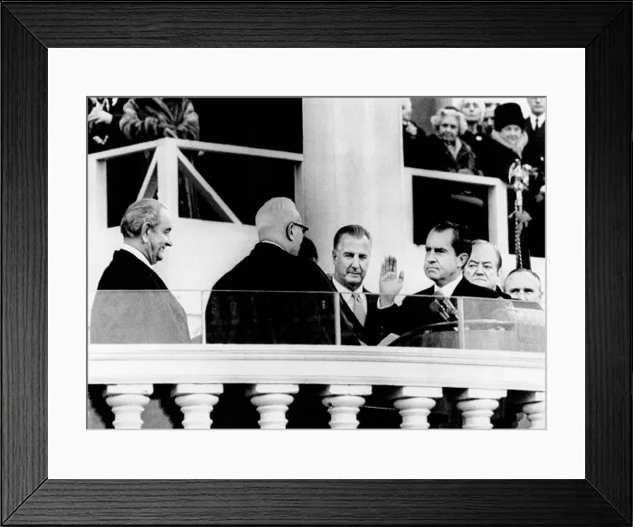 Framed Print : Inauguration of Richard Nixon. L-R: Outgoing Pres. Lyndon Johnson; Chief Justice Earl Warren; Vice Pres. Spiro Agnew; Nixon; outgoing Vice Pres Framed Print : Inauguration of Richard Nixon. L-R: Outgoing Pres. Lyndon Johnson; Chief Justice Earl Warren; Vice Pres. Spiro Agnew; Nixon; outgoing Vice Pres