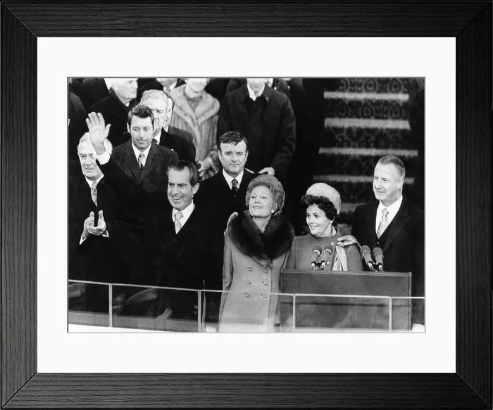Framed Print : President Richard Nixon waves to the crowd during inaugural ceremonies at Capitol Hill. L-R: Chief Justice of the U.S. Warren Burger: Pres. Nixon; Pat Nixon; Vice Pres Framed Print : President Richard Nixon waves to the crowd during inaugural ceremonies at Capitol Hill. L-R: Chief Justice of the U.S. Warren Burger: Pres. Nixon; Pat Nixon; Vice Pres