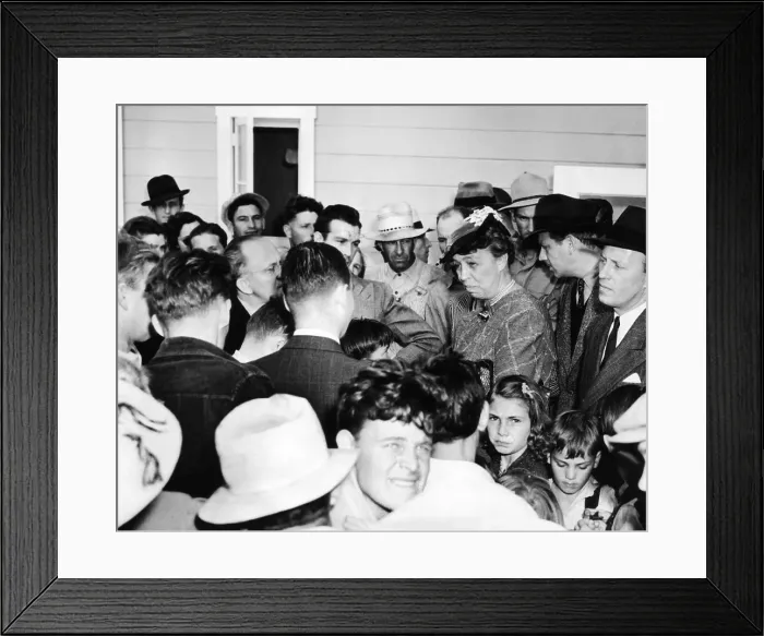 Framed Print : Eleanor Roosevelt visiting migrant workers in at the FSA Farmersville Camp in California Framed Print : Eleanor Roosevelt visiting migrant workers in at the FSA Farmersville Camp in California