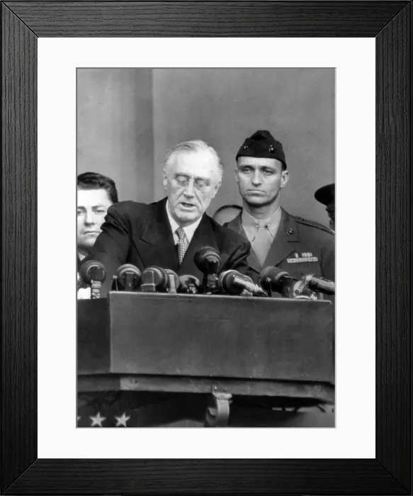 Framed Print : President Franklin Roosevelt delivers his fourth inaugural address from the South Portico of the White House. At right is his some Col