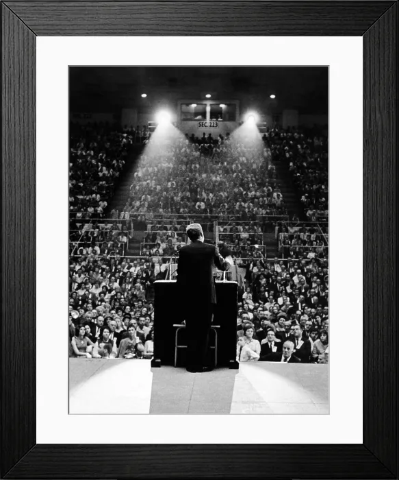 Framed Print : President John Kennedy campaigns for Democrats in the mid-term elections. He speaks to 10, 000 people at Freedom Hall on the State Fair Grounds in Louisville, Kentucky. Oct