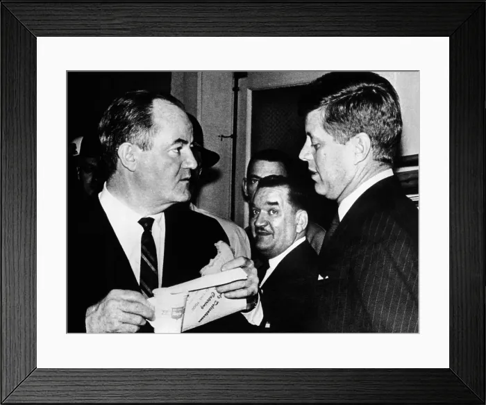 Framed Print : Rival candidates meet in a Milwaukee TV station. Senators John Kennedy and Hubert Humphrey were both running for the Democratic Presidential Primary on April 5, 1960