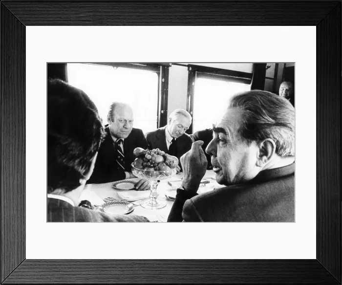 Framed Print : President Ford meets with Leonid Brezhnev and others aboard a Russian train to Vladivostok. Next to President Ford is Walter Stoessel, U.S. Ambassador to the Soviet Union