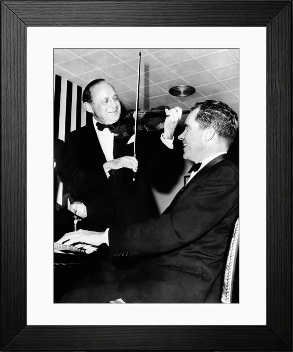 Framed Print : Comedian Jack Benny, with his violin, teams up with Vice President Richard Nixon at the Piano Framed Print : Comedian Jack Benny, with his violin, teams up with Vice President Richard Nixon at the Piano