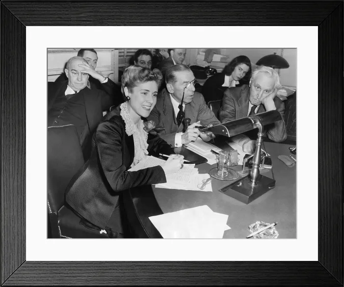 Framed Print : Clara Booth Luce, during Lend Lease bill extension hearings on Feb. 16, 1943. Congresswoman Booth testified before the house Foreign Relations Committee. L-R: Rep