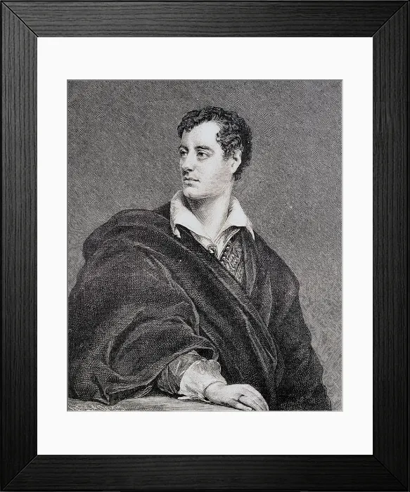 Framed Print : Byron, George Gordon Byron, 6th Baron, called 'Lord Byron' (1788-1824). Engraving by Robert Grave after a Thomas Phillips original portrait. Etching Framed Print : Byron, George Gordon Byron, 6th Baron, called 'Lord Byron' (1788-1824). Engraving by Robert Grave after a Thomas Phillips original portrait. Etching