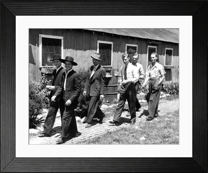 Framed Print : World War II conscientious objectors. Six religious objectors arrive at a former CCC camp in Lagro, Indiana, to begin a year of public service Framed Print : World War II conscientious objectors. Six religious objectors arrive at a former CCC camp in Lagro, Indiana, to begin a year of public service