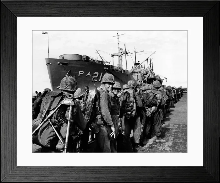 Framed Print : A U.S. Marine unit leaving Guantanamo Naval Base after the Cuban Missile Crisis. On Dec. 12, 1962, they boarded the USS Montrail bound for the home