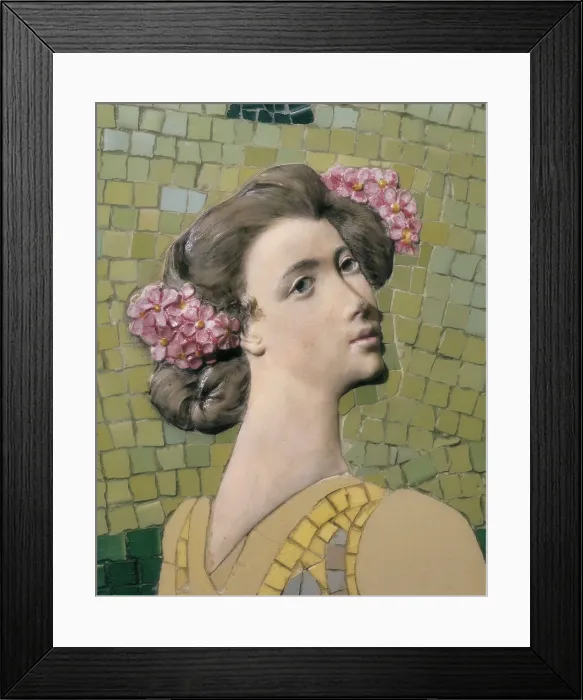 Framed Print : PEY I FARRIOL, Josep (1875-1956). Women with a Basket of Fruits under a vine arbour. ca. 1905-1906. Left central detail. Mosaic, ceramics and tiles fragments from Valencia