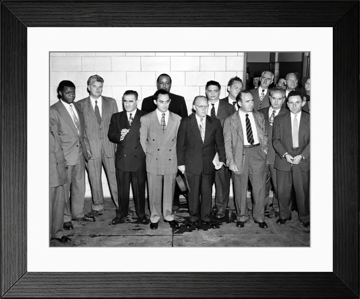 Framed Print : Eleven of the American Communist Party's top leaders. Federal Court where they were convicted of found guilty of conspiring to teach the overthrow of the U.S