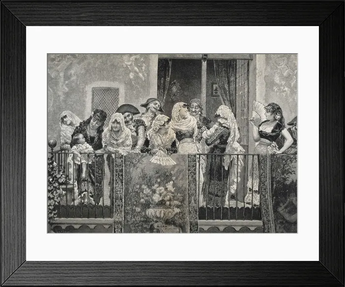 Framed Print : Spain (1884). Awaiting the procession, engraving by Toms Capuz after a tapestry by Josep Lloveras. Etching. AISA / Everett Collection**US SALES ONLY**