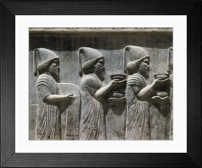 Framed Print : IRAN. Persepolis. Palace of Darius. Cortge of Babylonians delivering to the king vases full of gold and silver. Decorations of the eastern side of the staircase. Persian art