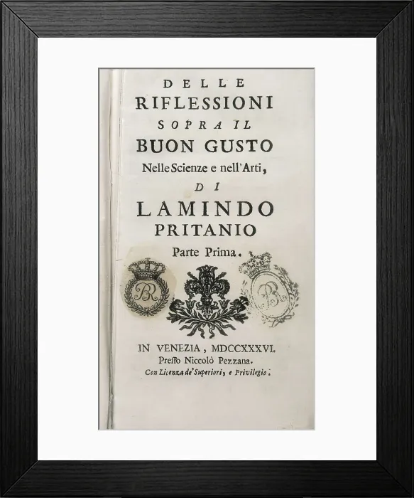 Framed Print : MURATORI, Ludovico Antonio (1672-1750). Frontispiece of the 'Riflessioni sopra il buon gusto nelle scienze e nelle arti ', work written between 1708-1715