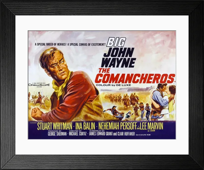 Framed Print : THE COMANCHEROS, left: John Wayne, right: Stuart Whitman, Ina Balin on poster art, 1961, TM and Copyright 20th Century Fox Film Corp Framed Print : THE COMANCHEROS, left: John Wayne, right: Stuart Whitman, Ina Balin on poster art, 1961, TM and Copyright 20th Century Fox Film Corp