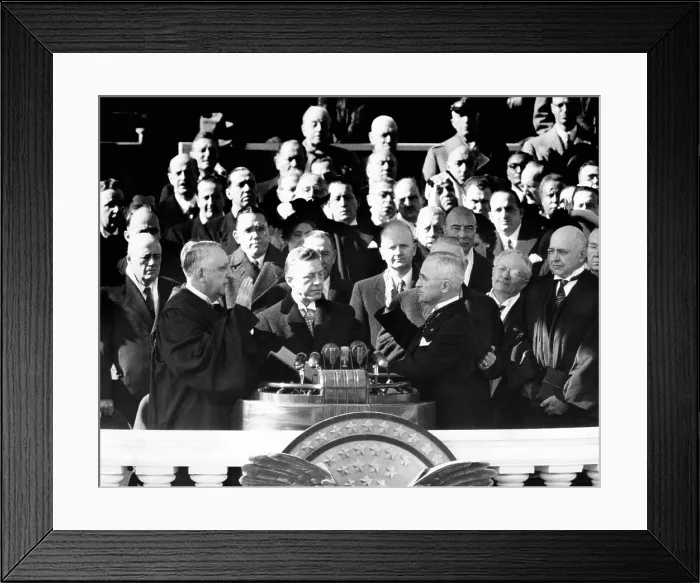 Framed Print : Harry Truman's Inauguration. Truman was sworn in at the Capitol. L-R: Chief Justice Fred Vinson; Charles Lemore Cropley, Clerk of the Supreme Court; and President Truman. Jan