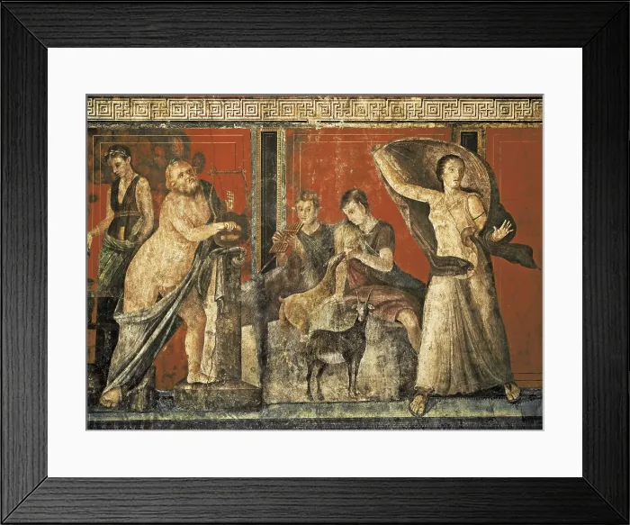 Framed Print : Initiation into the mysterious Dionysion cult. 1st c. BC. ITALY. Pompeii. Villa of Mysteries. Detail with Silenus, satyrs and terrified woman. Roman art. Early Empire. Fresco Framed Print : Initiation into the mysterious Dionysion cult. 1st c. BC. ITALY. Pompeii. Villa of Mysteries. Detail with Silenus, satyrs and terrified woman. Roman art. Early Empire. Fresco