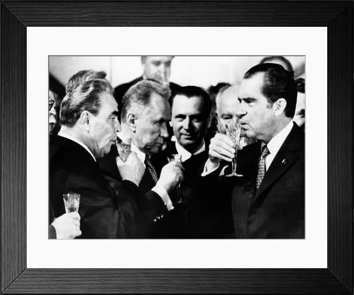 Framed Print : Toast to arms limitation treaty. L-R: Soviet leaders, Leonid Brezhnev, Alexei Kosygin, and President Richard Nixon joins in a toast to the historic treaty to halt the arms race Framed Print : Toast to arms limitation treaty. L-R: Soviet leaders, Leonid Brezhnev, Alexei Kosygin, and President Richard Nixon joins in a toast to the historic treaty to halt the arms race