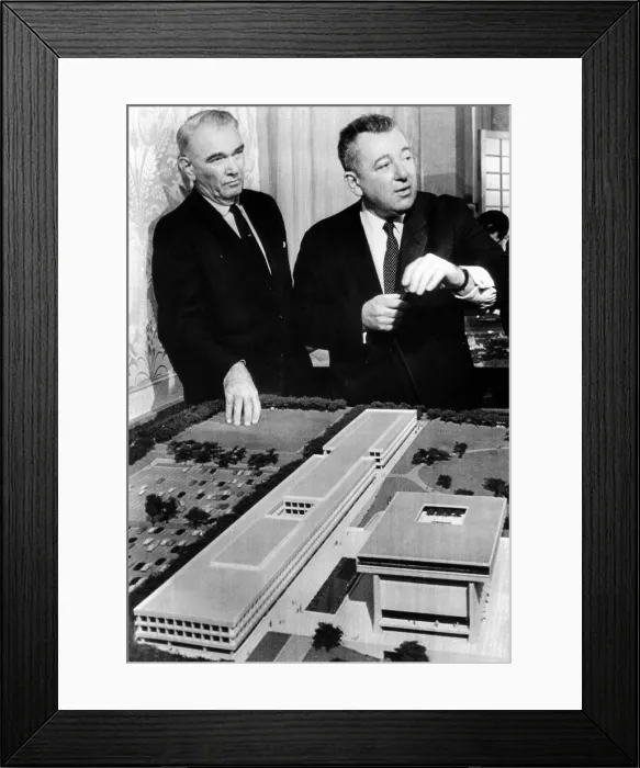 Framed Print : Architect Gordon Bunshaft (right) unveiling a model of the Lyndon Johnson Library. Bunshaft was the chief designer of the Skidmore, Owning and Merrill architectural firm