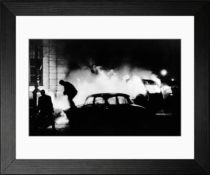 Framed Print : Demonstrators flee as a flaming police van illuminates the Latin Quarter, Paris