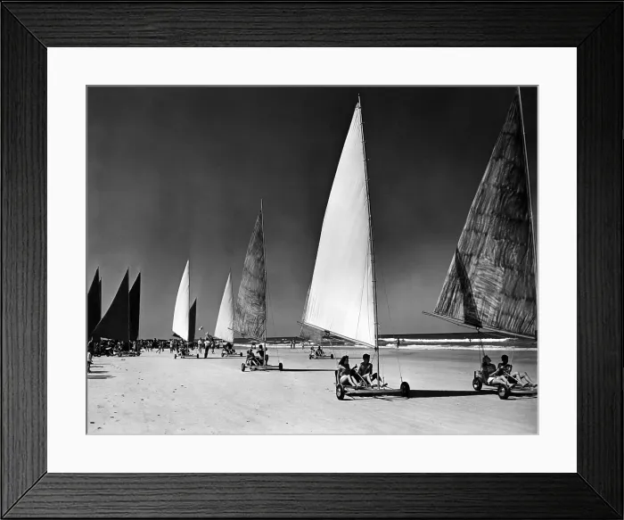 Framed Print : Seabrezze Regatta sand sailing on Daytona Beach, Florida. Daytona's wide beach of smooth, compacted sand attracted vehicles of all types. May 19, 1946